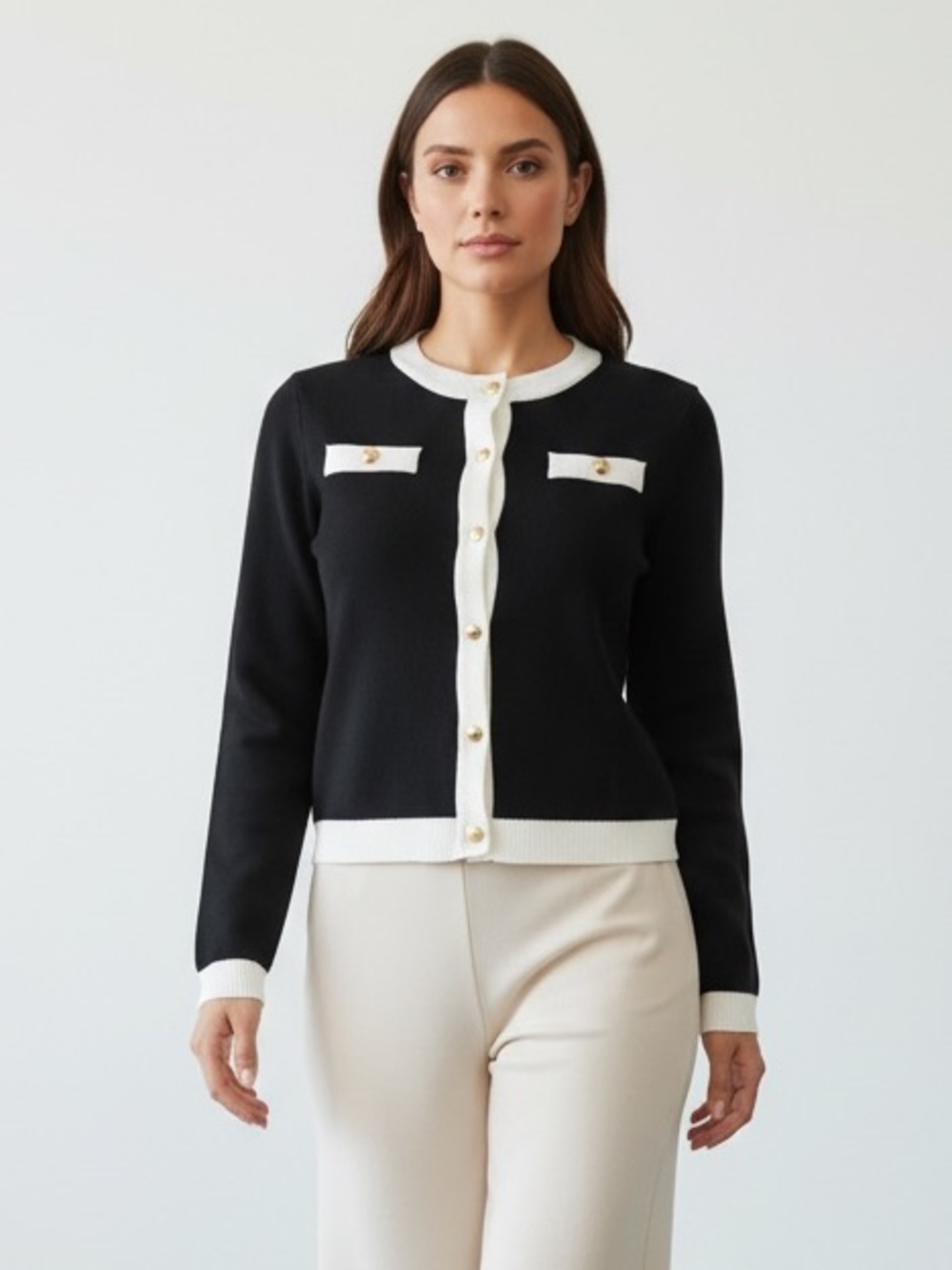 1649 • Black Rayon Blend Dash Pocket Cardigan w/White Trim & Gold Buttons